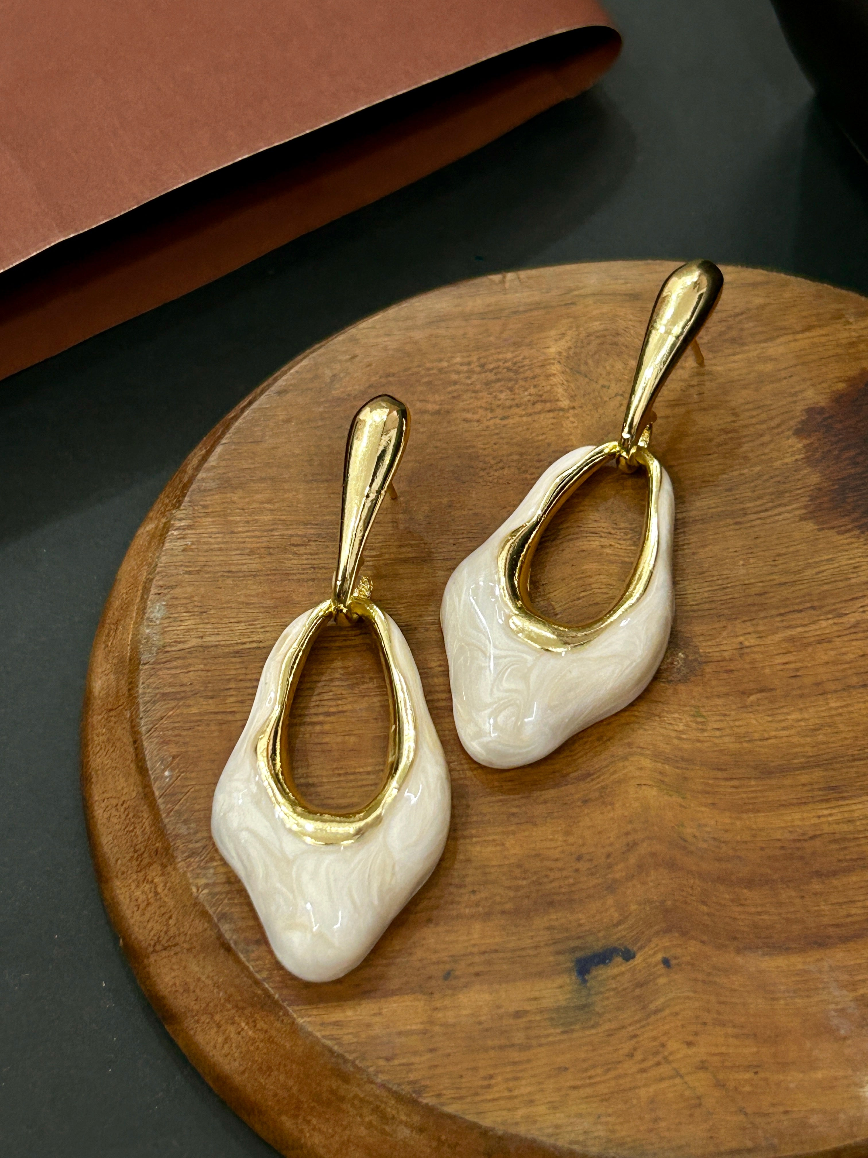 Elegant Gold & Pearl Enamel Drop Earring-Mivanaa